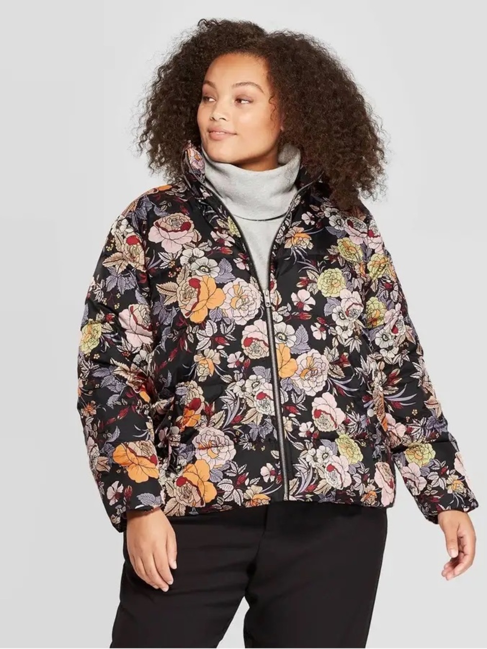 Who What Wear black floral puffer coat Small